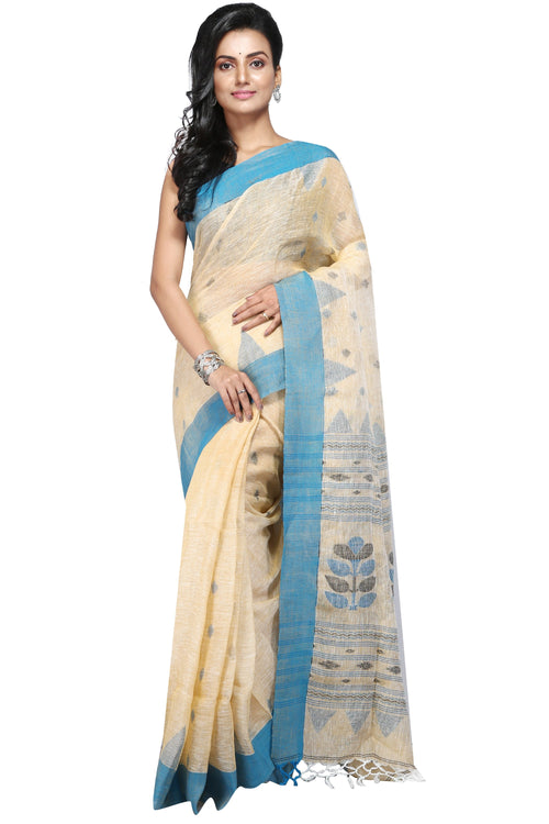 Cream Coloured Handloom Linen Designer Saree - Saree