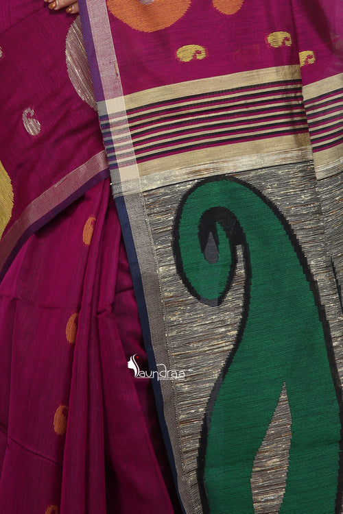 Maroon Handloom Cotton Saree With Ghicha Work In Anchal - Saree