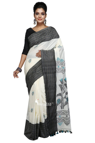 Off-White & Black Cotton Saree With Floral Work In Anchal - Saree