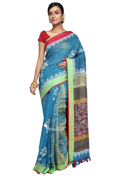 Blue Handloom Linen Block Printed Saree - Saree