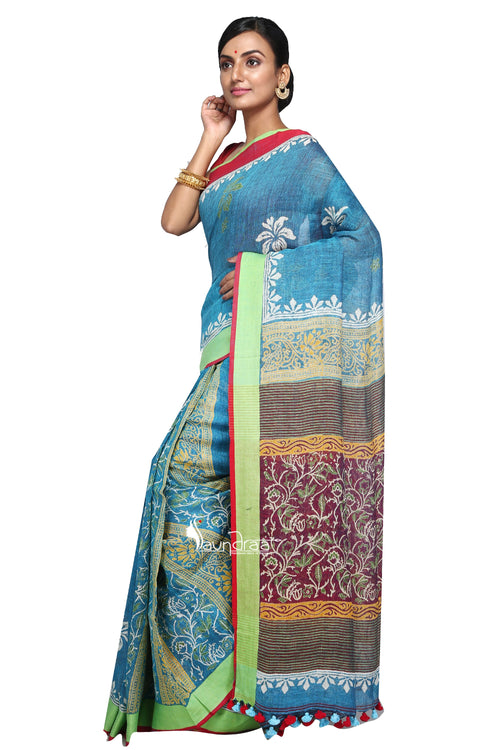 Blue Handloom Linen Block Printed Saree - Saree