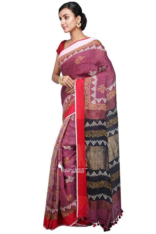 Pink Handloom Linen Block Printed Saree - Saree