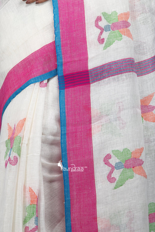 Off-White Handloom Linen Jamdani Saree - Saree