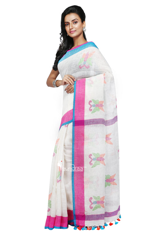 Off-White Handloom Linen Jamdani Saree - Saree