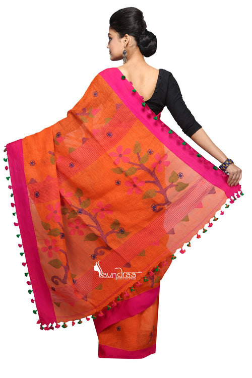 Orange Handloom Linen Jamdani Saree - Saree