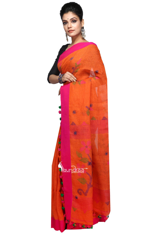 Orange Handloom Linen Jamdani Saree - Saree