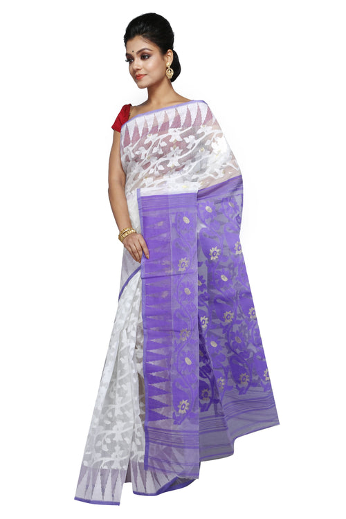 Dhakai Jamdani White & Light Violet - Saree