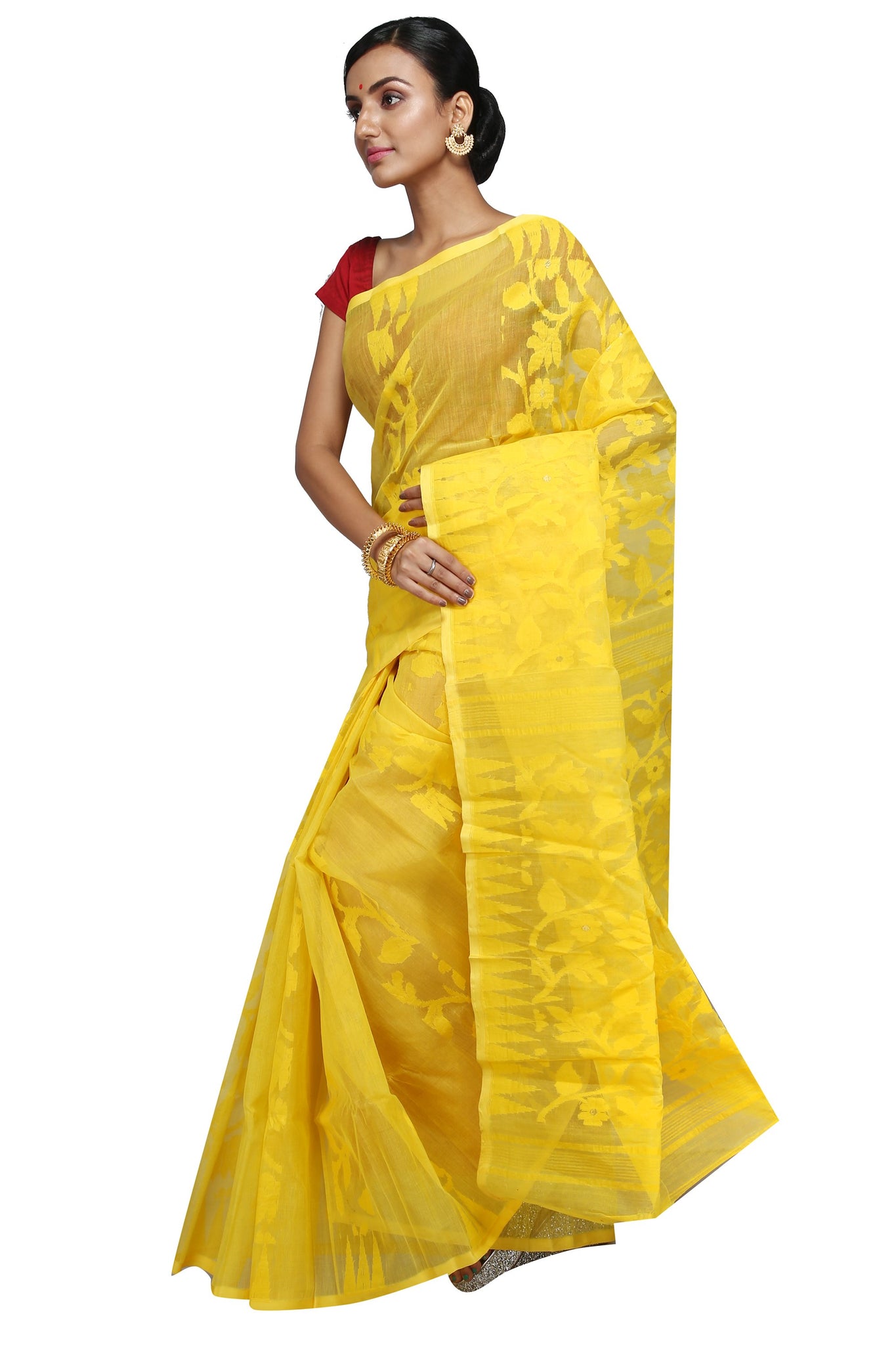 Yellow & Red Cotton Silk Jamdani Saree - Charukriti