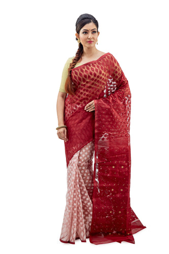 Crimson Red & White Traditional Dhakai Jamdani - Saree