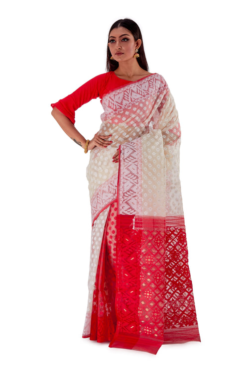 White-with-Red-Anchal-Traditional-Dhakai-Jamdani-SNJMB3002-2