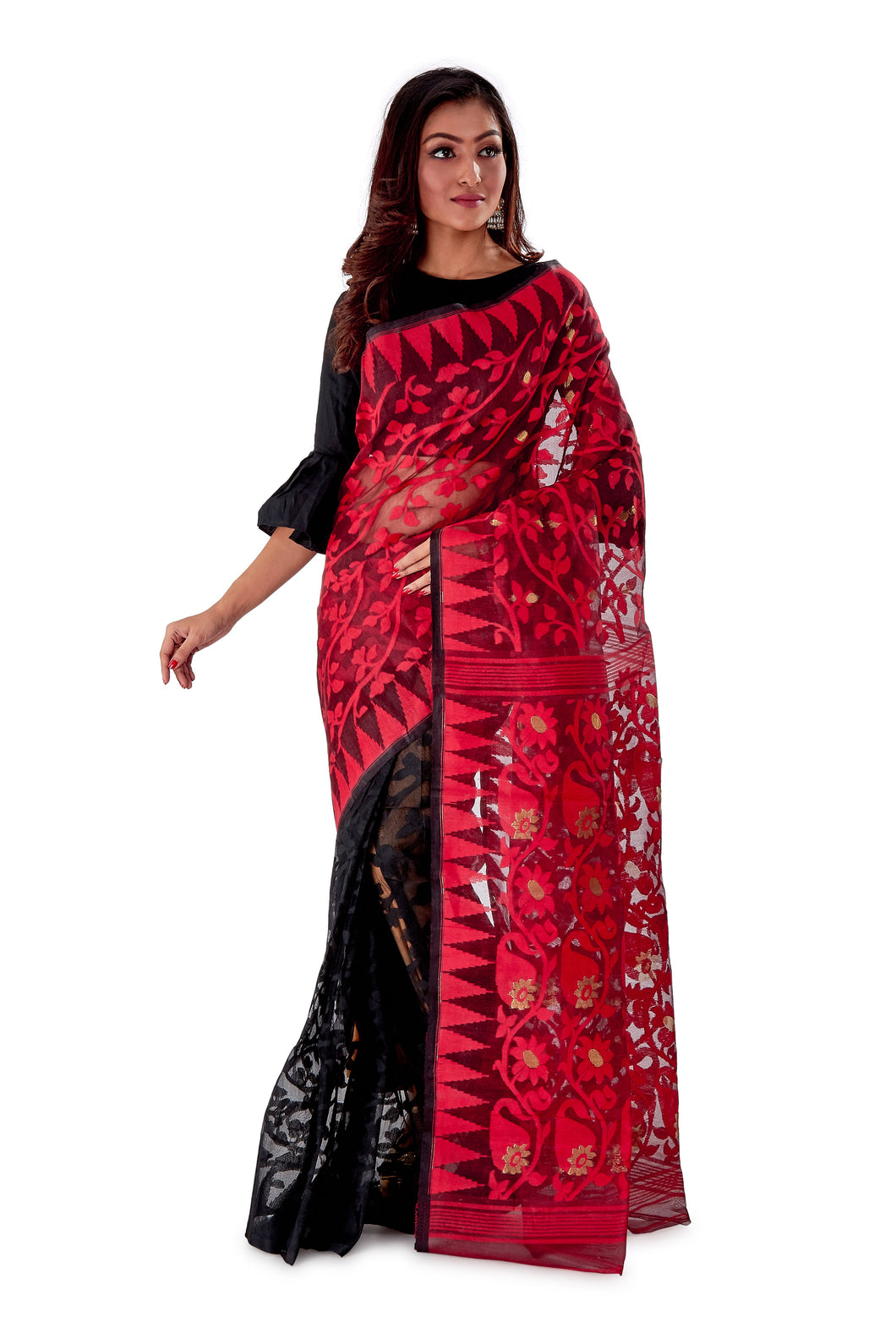 BLACK PRINT AND MAROON COTTON COMBINATION SAREE WITH EXCLUSIVE IKAAT B –  ShopBollyWear.Com
