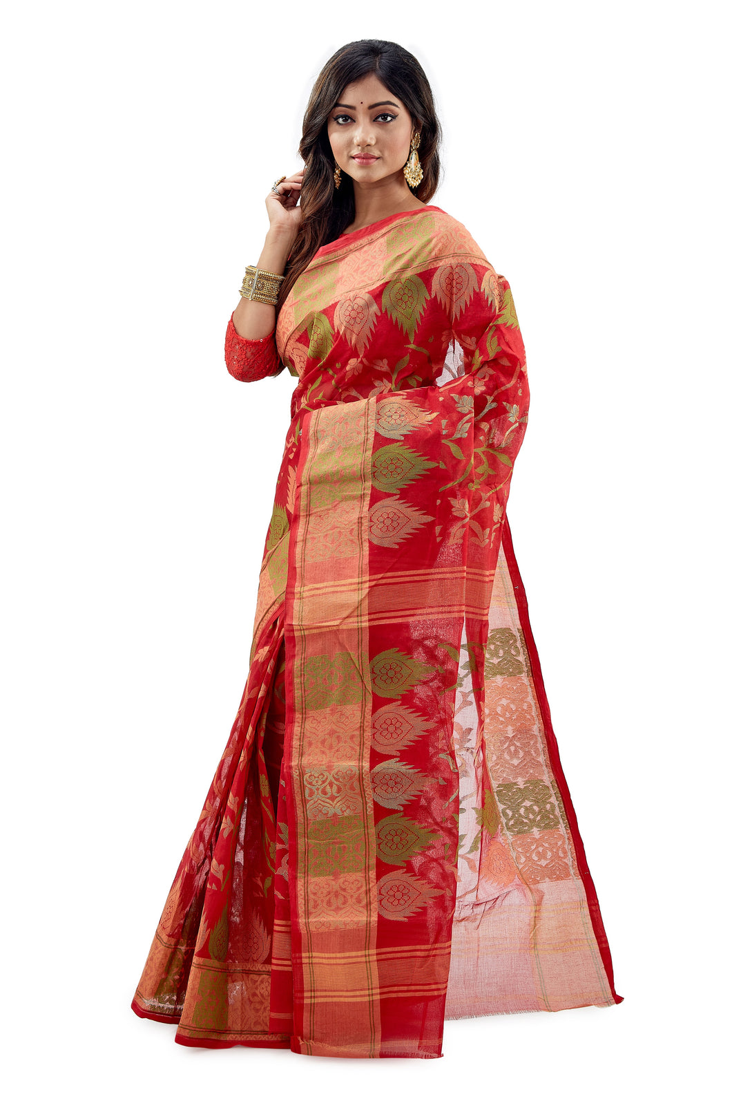 Red Traditional Dhakai Jamdani With Multi-Coloured Jamdani Work - Saree
