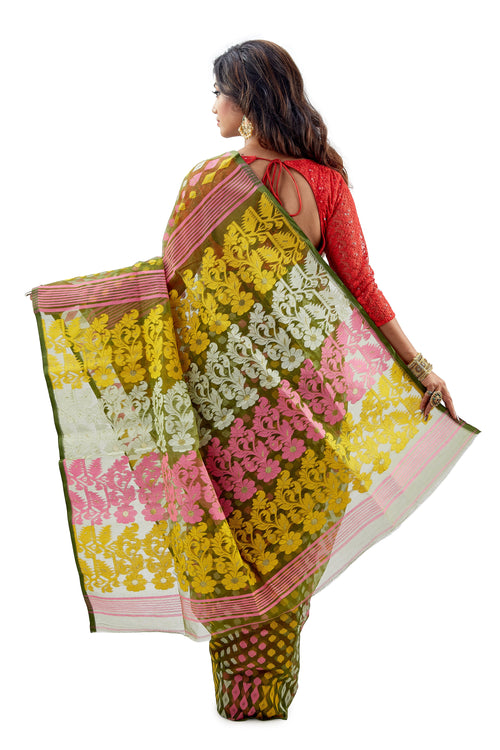 Sage Traditional Dhakai Jamdani With Multi-Coloured Jamdani Work - Saree