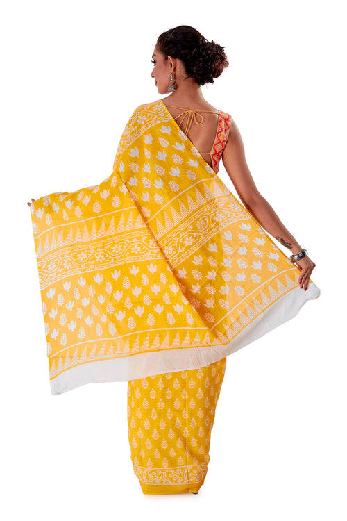 Yellow-base-block-printed-mulmul-designer-saree-SNML1004-4