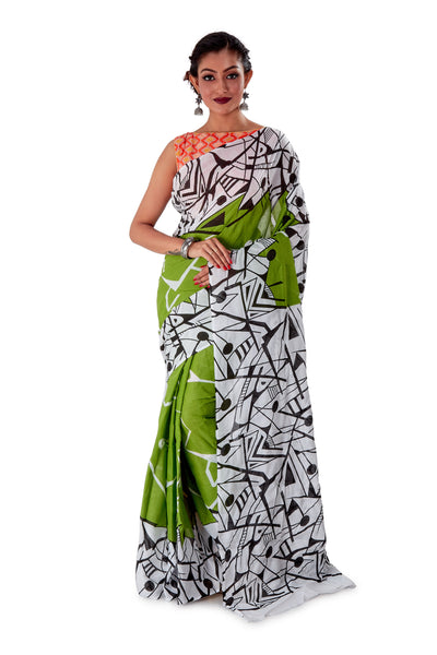 Parrot-Green-base-block-printed-mulmul-designer-saree-SNML1005-1